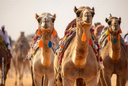 Camels in the desert in a caravan.