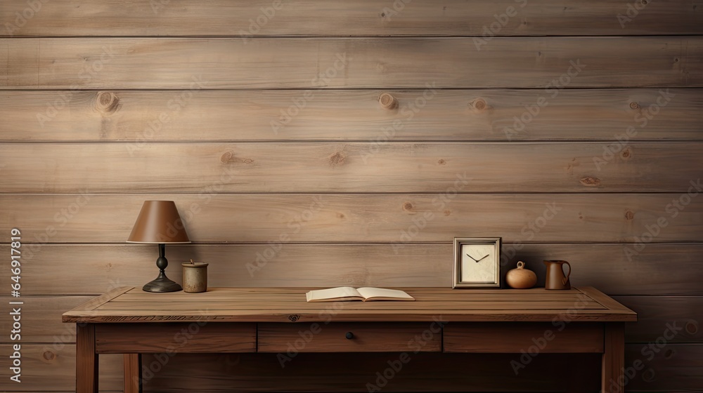 Empty wooden desk with room for your decor and cold milk.