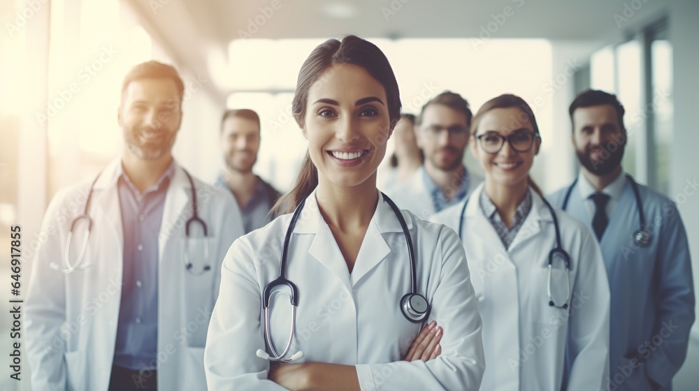 photo of a doctor team standing at a hospital with their arms crossed  - obrazy, fototapety, plakaty 