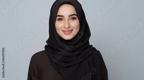 Close up beautiful woman in a hijab standing with her arms folded and staring at the camera photo