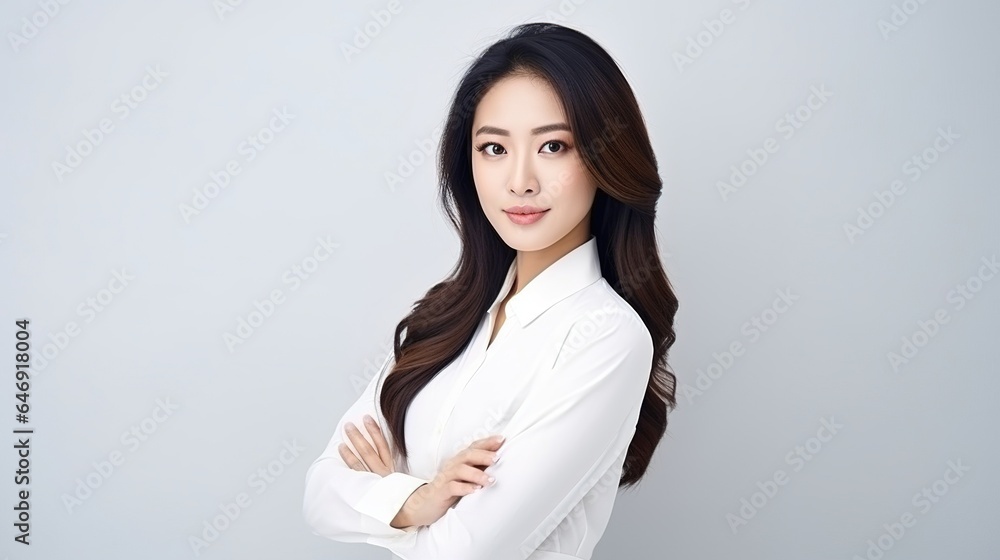 Portrait of a asian businesswoman standing in front of a camera with her arms crossed. Portrait of a asian businesswoman standing in front of a camera with her arms crossed.