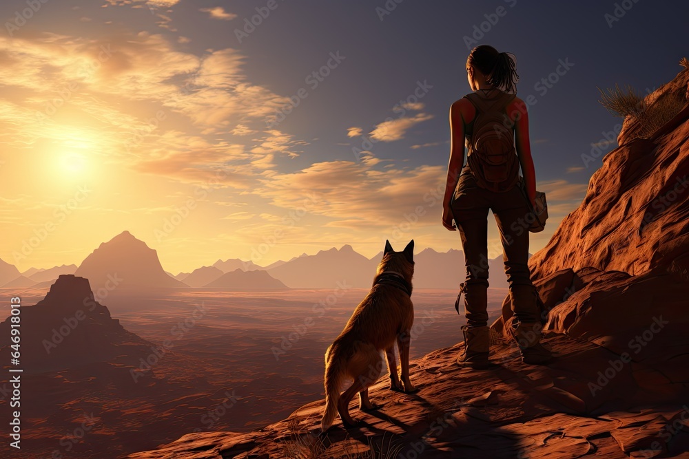 a woman and her dog in the desert Generative AI