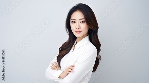 Portrait of a asian businesswoman standing in front of a camera with her arms crossed.