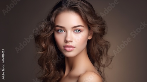 Portrait of a beautiful woman's face. Beautiful Spa model with flawlessly clean skin. A brunette woman smiles at the camera. Concept of Youth and Skin Care