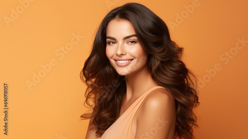 beauty care with skin care and photo of a gorgeous young woman on yellow studio background