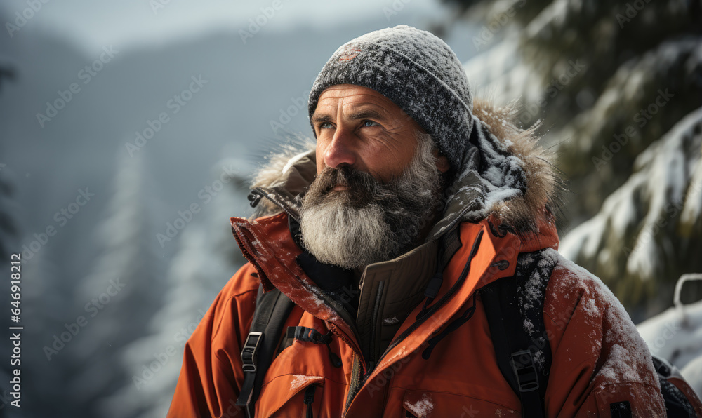 Winter hike on forest in snow. Portrait of handsome bearded nordic old man with backpack. Beautiful snowy forest landscape.