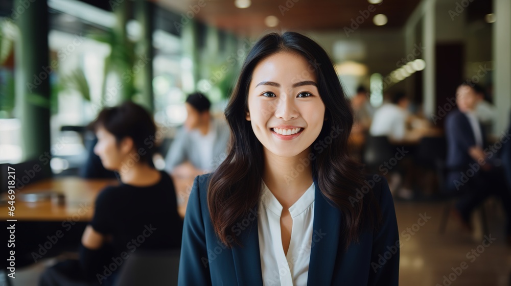 portrait of a smiling professional asian businesswoman posing crossed hands looking at camera in office 