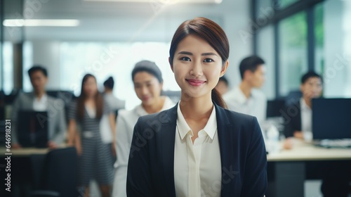 A cheerful young saleswoman smiles at the camera as she greets a client. Smiling lady executive manager, secretary delivering professional business. generative ai