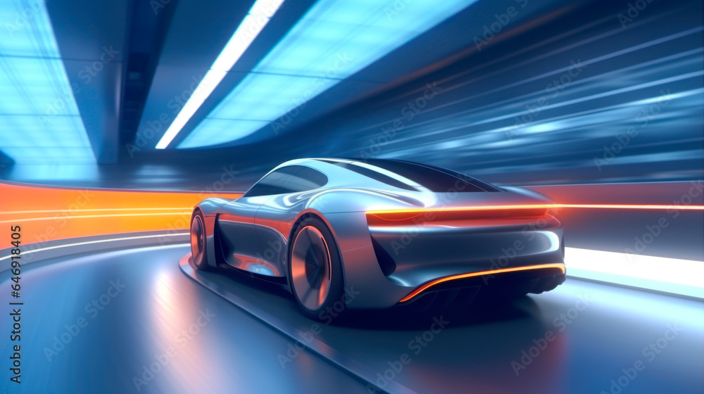 Futuristic electric car driving in a tunnel