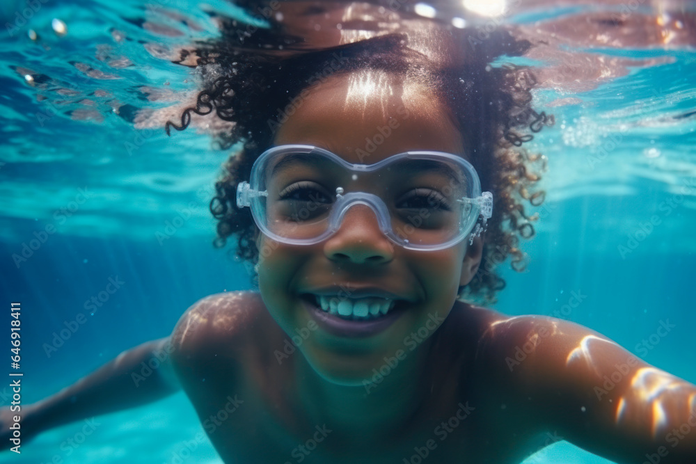 Naklejka premium Portrait of smiling girl in swimming goggles underwater in pool on a sunny day