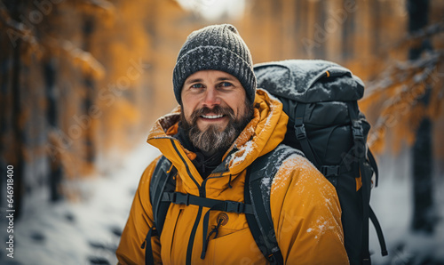 Winter hike on forest in snow. Portrait of handsome bearded nordic man with backpack. Beautiful snowy forest landscape.