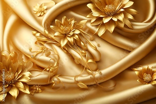 3D wallpaper, gold jewelry flowers on silk background