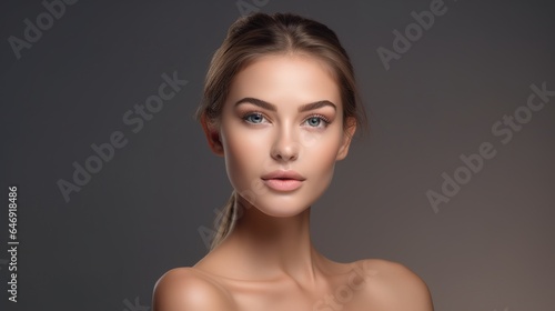 Woman beauty face portrait on grey background with healthy skin. Portrait of a beautiful model wearing no make-up and stroking her face. Spa, skincare.