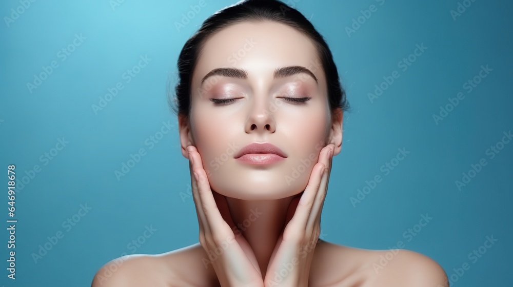 woman in a blue copy space, gazing apart from a beauty studio photo with flawless, shining skin and bare shoulders. dermatology and cosmetology. dental and skin care procedures. woman in a blue copy space, gazing apart from a beauty studio photo with flawless, shining skin and bare shoulders. dermatology and cosmetology. dental and skin care procedures.