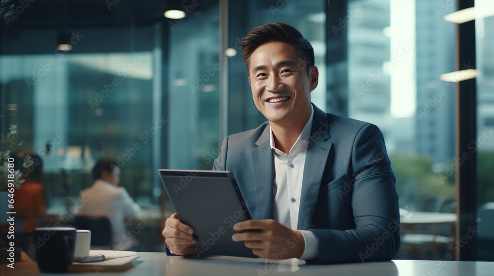 Portrait of a professional businessman using tablets and a computer on his desk at work. Portrait of a professional businessman using tablets and a computer on his desk at work.