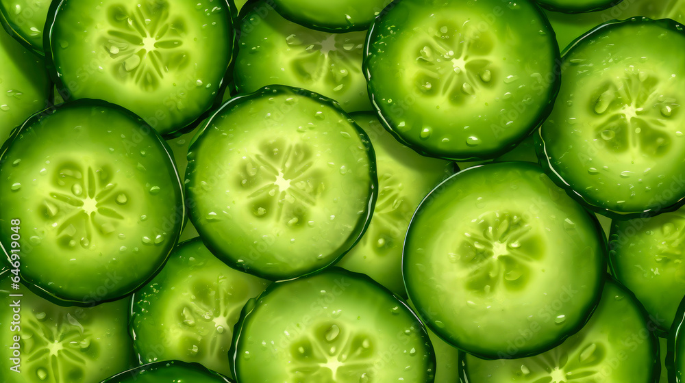 Cucumber slices with water drops on a black background. Top view. Cucumber slices with water drops on a black background. Top view.