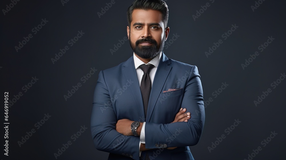Confident and handsome male businessman in suit and necktie on gray background. generative ai Confident and handsome male businessman in suit and necktie on gray background. generative ai