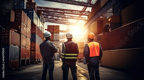 At the Container Cargo Harbour, a team of workers stack items to demonstrate their success. The notion of logistics is used in the shipping, import, and export industries.