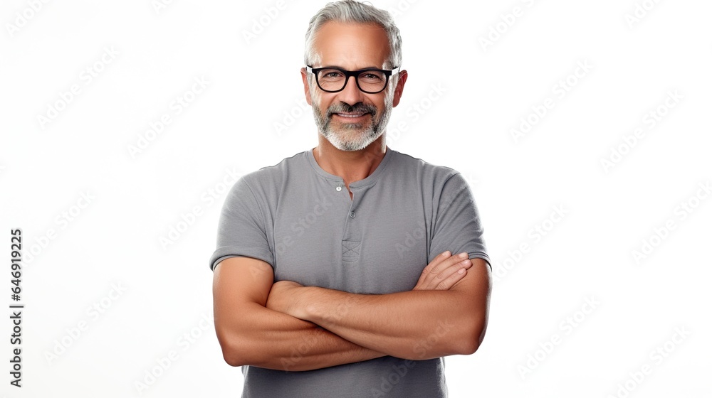 Portrait of smiling man with crossed arms on white background. generative ai Portrait of smiling man with crossed arms on white background. generative ai