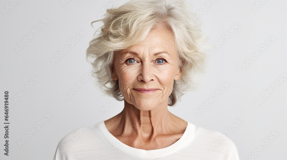 Close-up of an elderly woman against a white studio background Close-up of an elderly woman against a white studio background