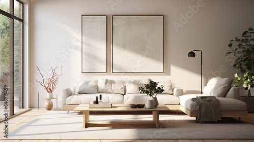 Living room interior with placeholder poster frame, rendered in 3D. © Vusal