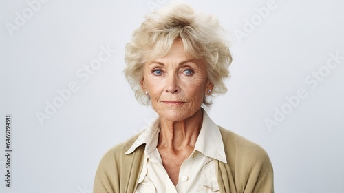 Close-up of an elderly woman against a white studio background