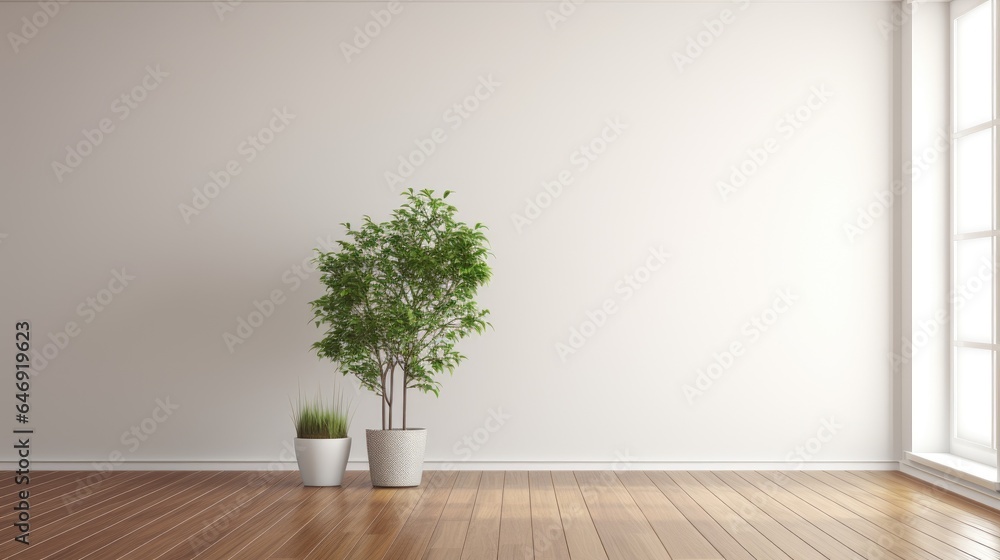 Modern interior of an empty room with a parquet floor and a plant pot. - obrazy, fototapety, plakaty 