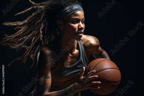 Young female athlete with afro hair style playing basketball on black background.
