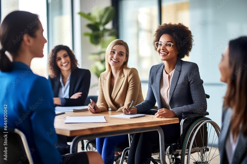 Young disabled African American woman in wheelchair at work with her colleagues, office