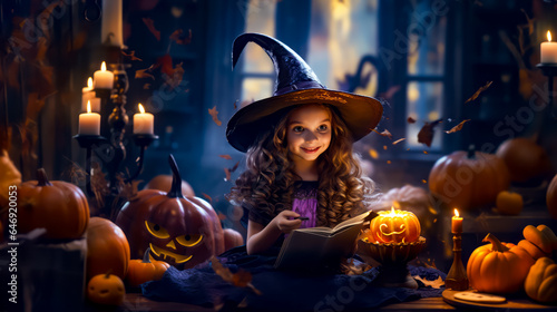Little girl dressed as witch reading book in room full of pumpkins.