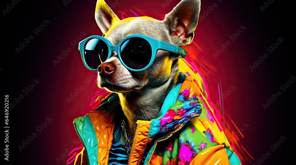 Dog fashion pop art collage style neon bold color