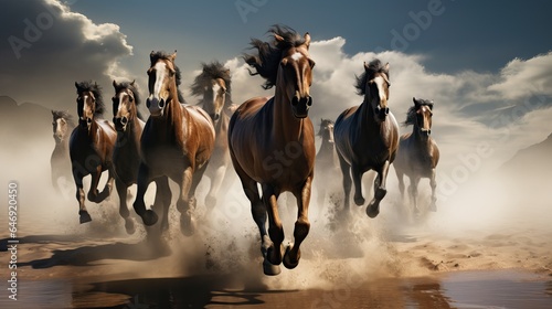 Horses gallop running in the field, animal power concept