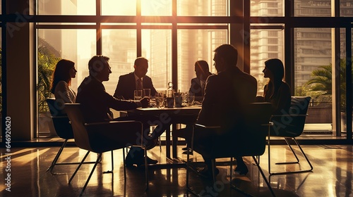 Silhouettes of people enjoying business meetings and coffee in a cozy cafe setting with a couple sitting on a terrace, creating a dynamic atmosphere photo