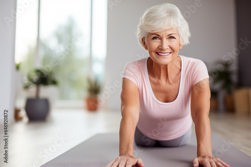 Doing yoga. Beautiful aged woman smiling and looking at camera while doing yoga