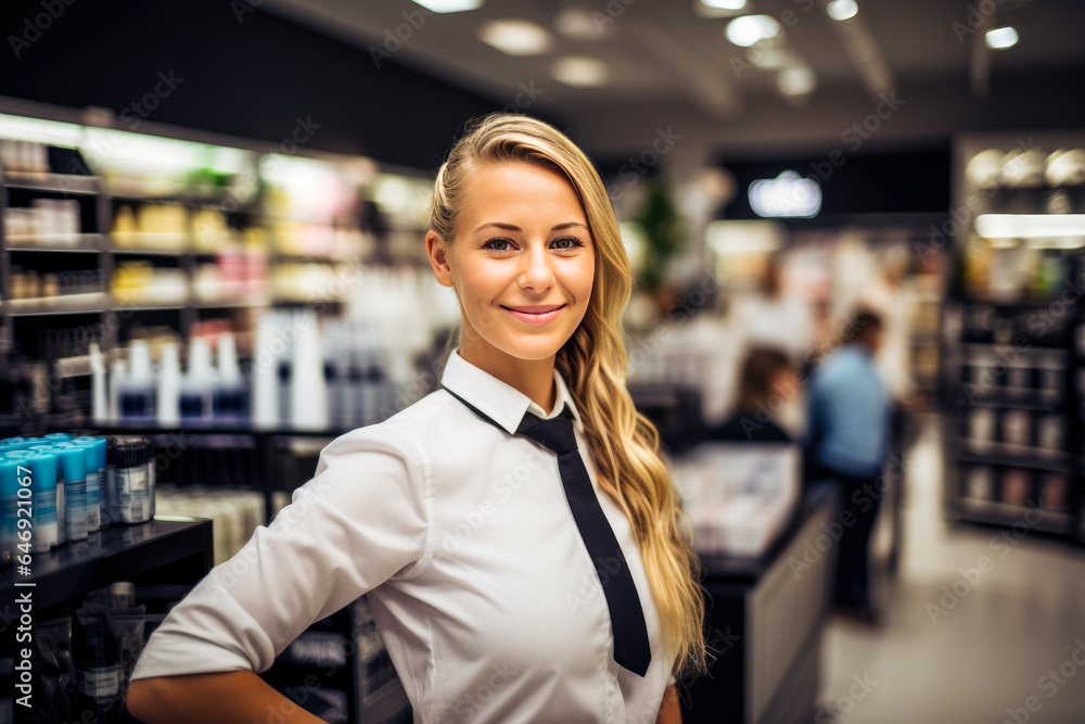 beautiful woman looking at camera while standing in cosmetics shop beautiful woman looking at camera while standing in cosmetics shop