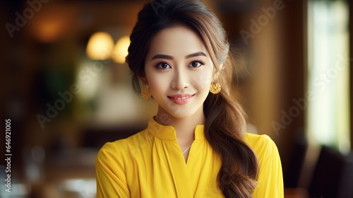 A smiling brunette woman in her 20s  showcasing beauty and fashion  exudes a range of emotions in a captivating indoor portrait