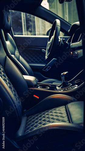 Beautiful black leather car interior close-up, Generative AI