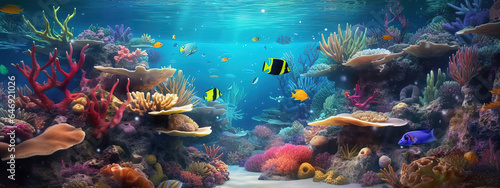 colorful and very beautiful underwater world with colorful fishes, corals, stones, water, plants and other animals. Generative AI. © kantaria