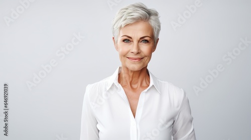 Portrait of a senior woman with her arms crossed. On a white background.