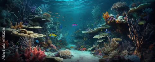 colorful and very beautiful underwater world with colorful fishes, corals, stones, water, plants and other animals. Generative AI.