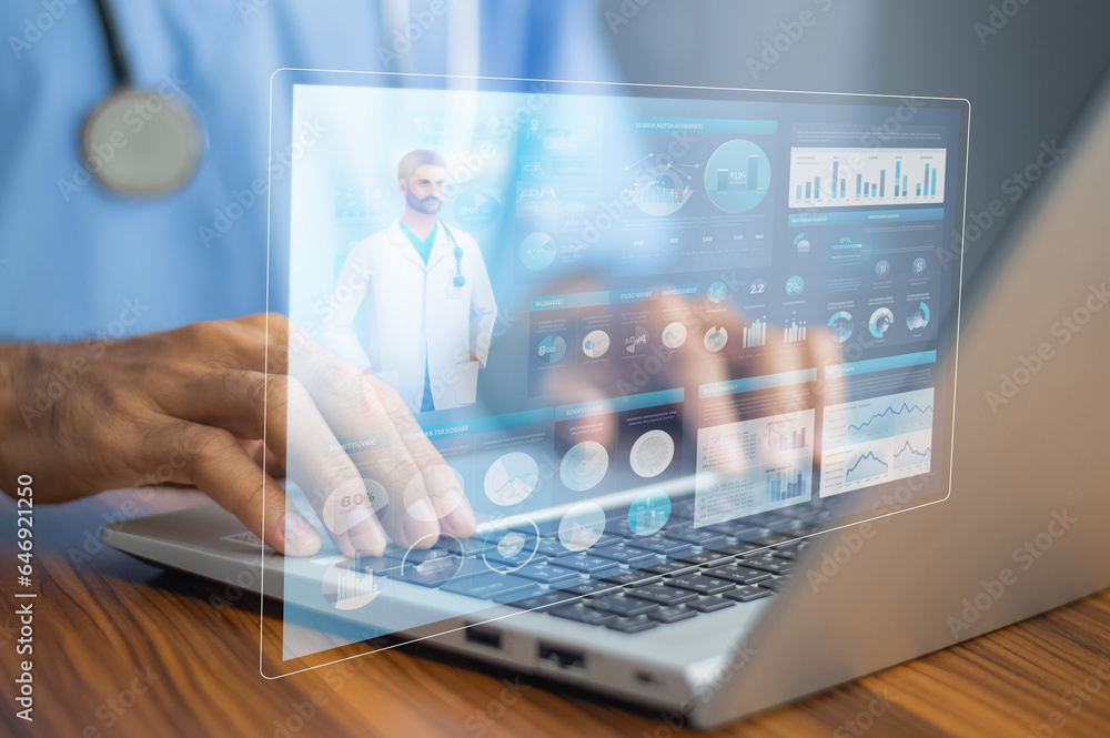 Obraz premium Documents concept, Doctor use computer connection server data base patient for technology treatment in hospital.in Documents concept management