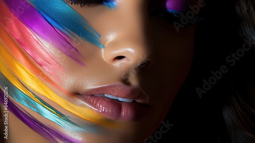 Model emphasizing a gradient paint makeup look, transitioning from dark to light across the face