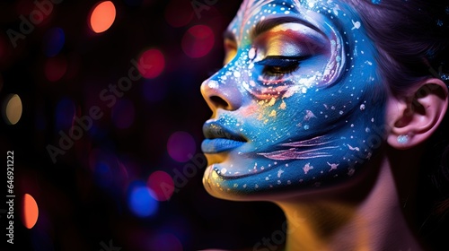 Model illustrating a galaxy-inspired paint makeup look, with stars and swirls, focusing on the temple region