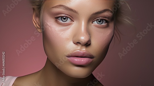 Model showcasing a monochromatic paint makeup look in shades of pink  emphasizing the cheek and nose region