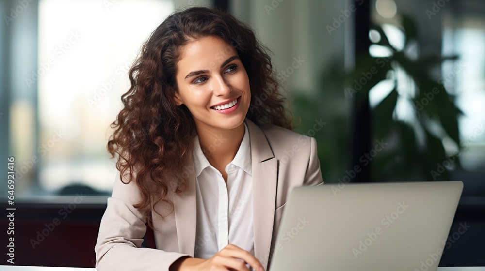 smiling professional businesswoman working on laptop smiling professional businesswoman working on laptop