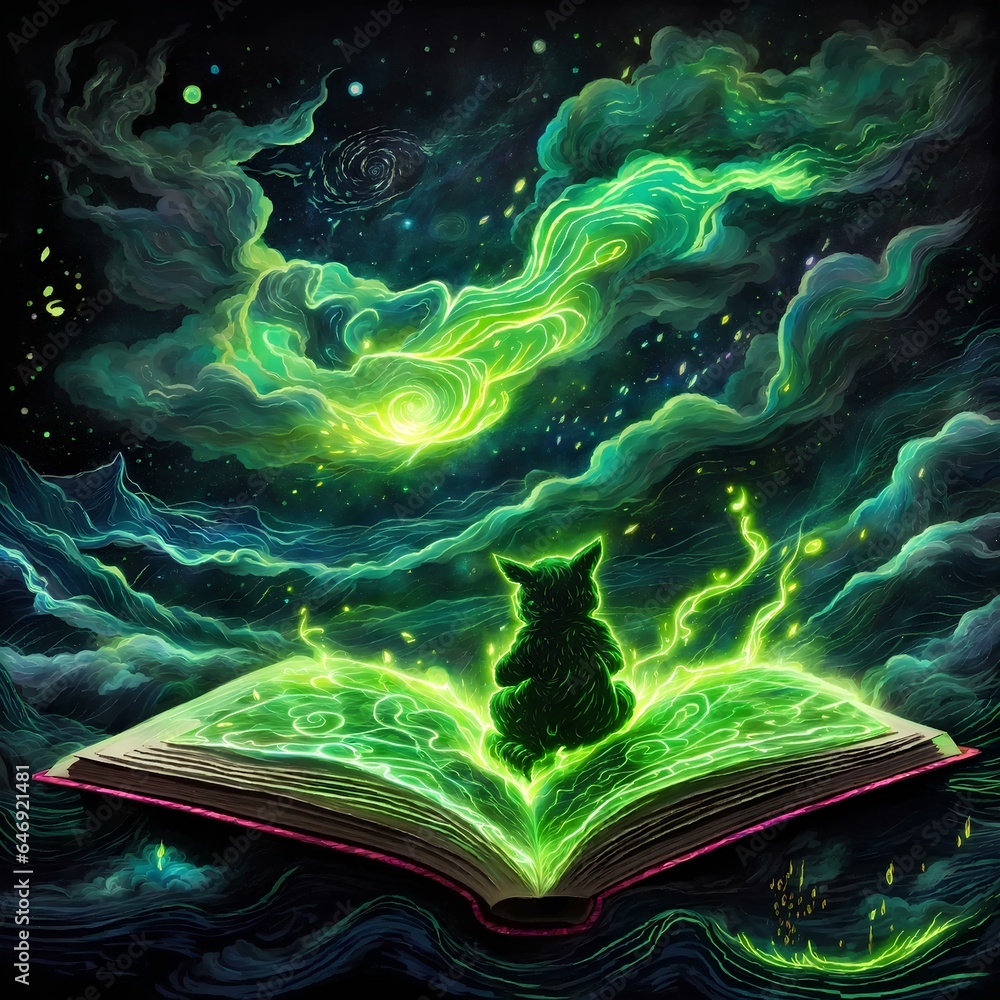 beautiful green rabbit comes out of a book with attractive light and ...