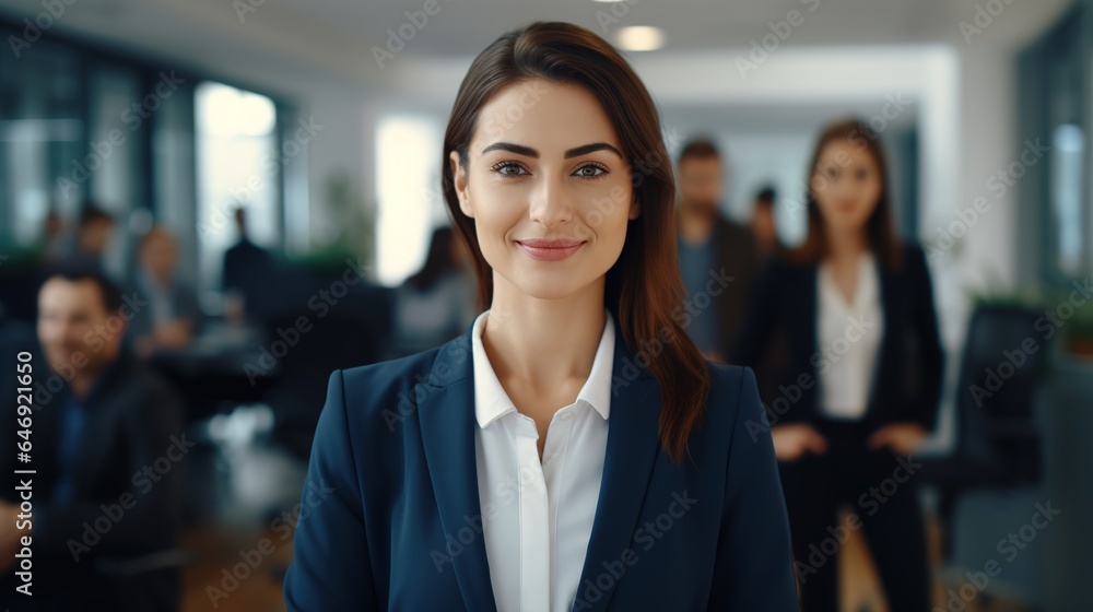 Obraz premium Beautiful businesswoman with arms crossed in office background. generative ai
