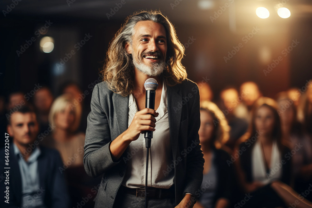 Man Speaker Engaging with a Large Audience During a Professional Event Man Speaker Engaging with a Large Audience During a Professional Event