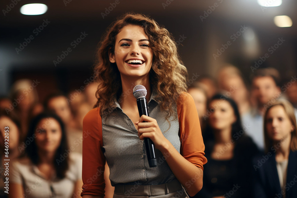 Female Speaker Engaging with a Large Audience During a Professional Event