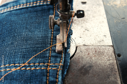 Production of garment with a sewing machine close up